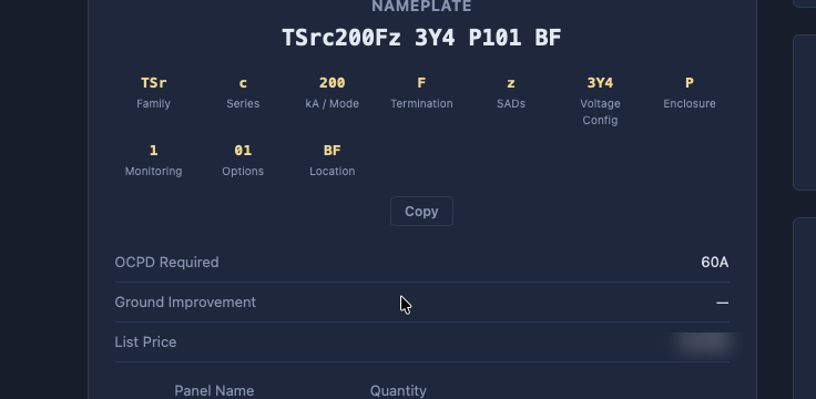 Equipment configurator building an exact part number and nameplate in RepWare